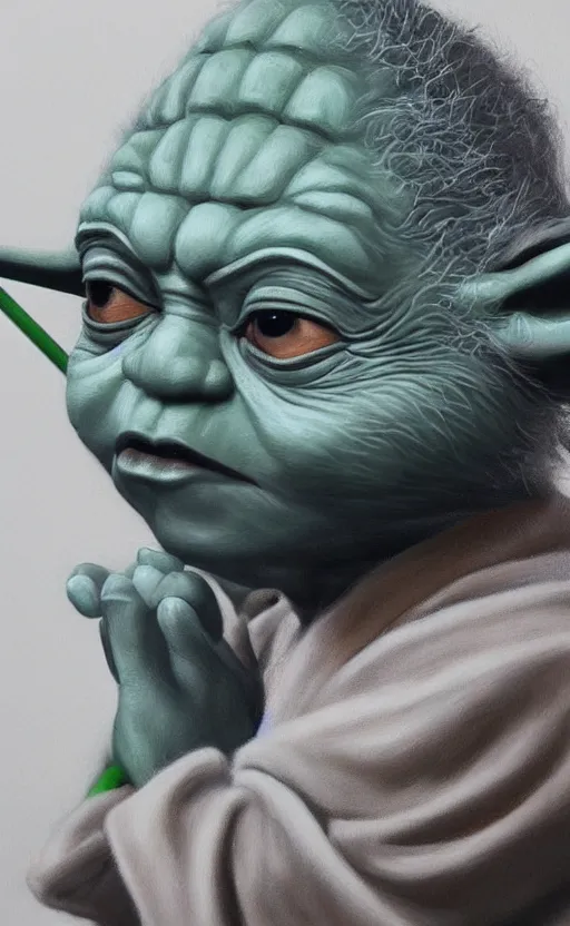 Prompt: beautiful detailed photorealistic painting of yoda putting on makeup in the mirror. hq, hd. detailed. trending on artstation