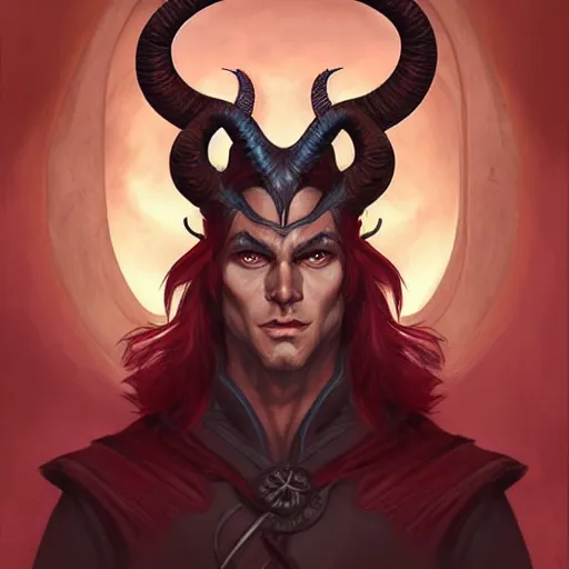 Image similar to an epic fantasy comic book style portrait painting of a male teifling rouge in dark tunic, with medium long dark hair, d & d, fantasy, intricate, elegant, highly detailed, digital painting, artstation, concept art, matte, sharp focus, illustration, art by artgerm and greg rutkowski and alphonse mucha