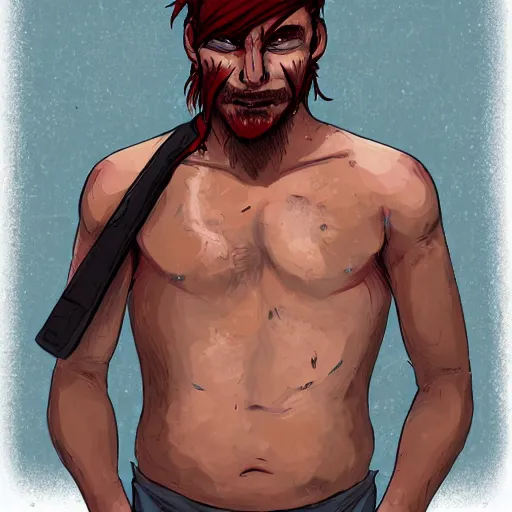 Prompt: portrait, 30 years old man :: red hair ponytail :: burned face, grimy, rough, shirtless :: high detail, digital art, RPG, illustration