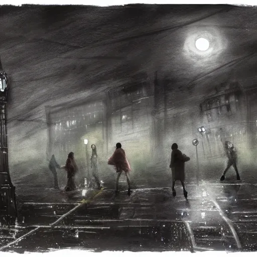 Prompt: a nightcafe in scotland, chairs in the rain, the full moon shining, people dancing, soaked by the rain + misty night, eerie presence, concept art