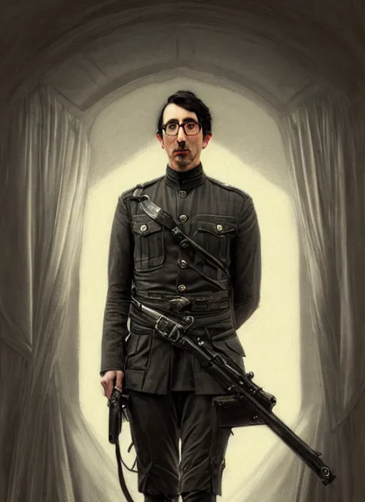 Prompt: painting of both john oliver and adam driver together, john oliver, stoic, full body, military uniform, fantasy, intricate, elegant, beautiful, highly detailed, charcoal, centered, dark, smokey, digital painting, concept art, smooth, sharp focus, illustration, art by artgerm, art by greg rutkowski, art by alphonse mucha