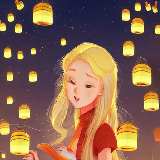 Prompt: a beautiful blonde girl with hair blowing in the wind, in a garden of lanterns and fireflies, children's book illustration in realistic pixar style and anime style by don bluth, hayao miyazaki of studio ghibli, and ross tran