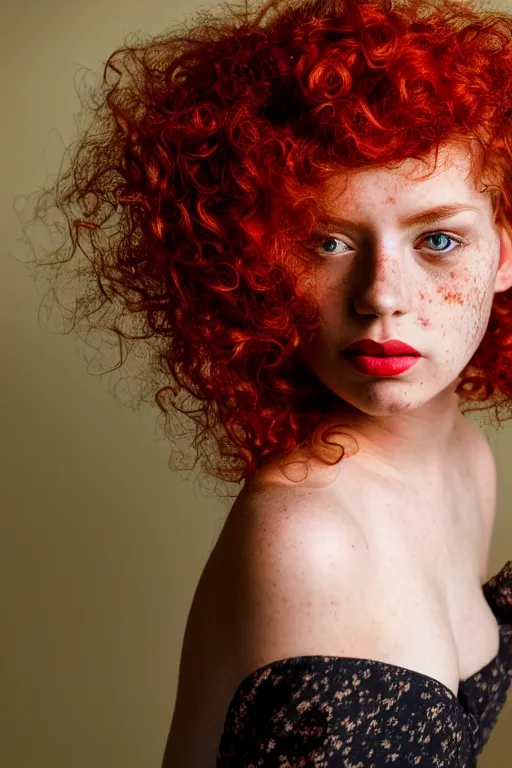 Prompt: a photo portrait of a beautiful red girl with curls and lots of freckles, Low-key lighting, dramatic, single light source, art photography in style of Annie Leibovitz, pastels color , sigma art 85 mm f 1.4, dark background , high quality, 8k.