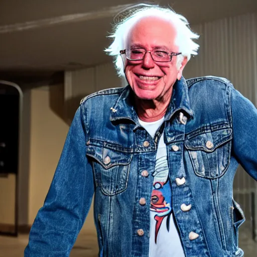 Prompt: Famous heavy metal glam rocker Bernie Sanders with a mowhawk and ripped denim jacket