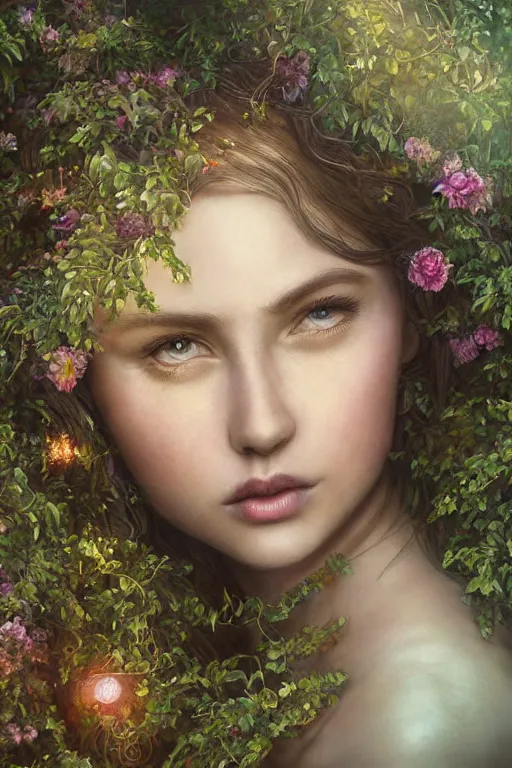 Image similar to elaborately detailed close up portrait of an extremely beautiful girl surrounded by vines, flowers, an eerie mist and ethereal rainbow bubbles, Aetherpunk, high fantasy matte painting, concept art, smooth, sharp focus, atmospheric lighting, highly detailed illustration highlights, backlight, golden ratio, 8K detail post-processing, award winning picture, sense of awe, featured on DeviantArt, fantasy matte painting movie poster, trending on cgsociety, intricate, majestic, dark epic fantasy, highly detailed, cinematic quality character render, ultra high quality model, production quality cinema mode