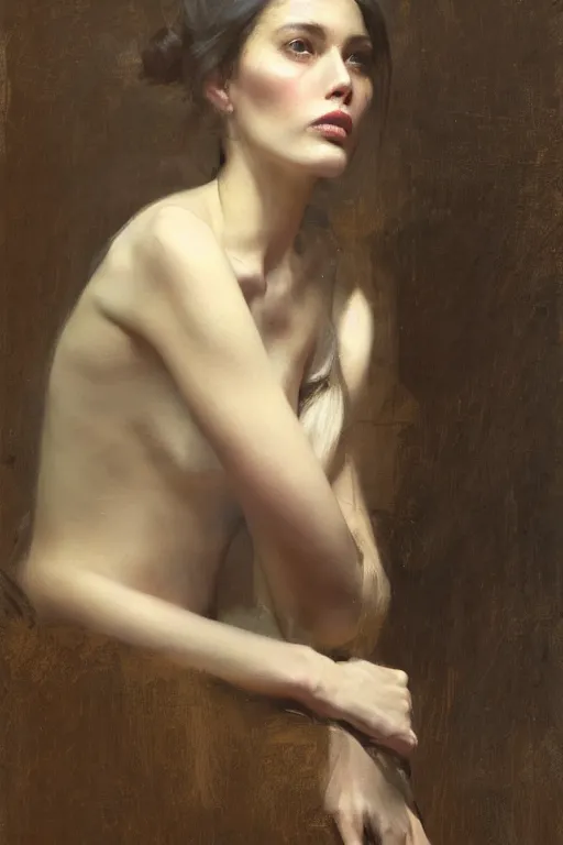 Image similar to Richard Schmid and Jeremy Lipking and Roberto Ferri full length portrait painting of a young beautiful woman