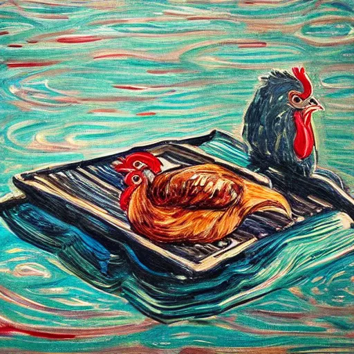 Image similar to painting of a chicken made of chicken wings on a raft, realistic, stylized, artstation, edward munch