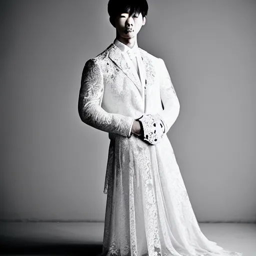 Image similar to a beautiful young korean male wearing a translucid lace wedding gown designed by alexander mcqueen, photographed by andrew thomas huang for a fashion editorial