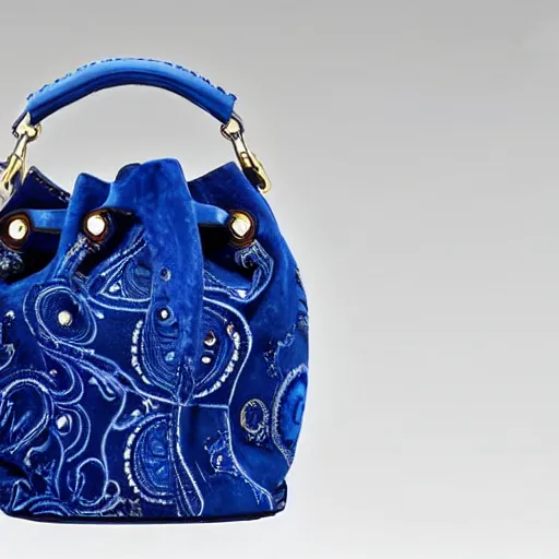 Image similar to a bucket bag made of blue suede. the bag is decorated with intricate golden paisley patterns. the handle of the bag is made of rubies and pearls.