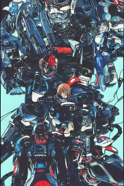 Image similar to boomers from bubblegum crisis at dusk, a color illustration by tsutomu nihei, katsuhiro otomo, masamune shirow