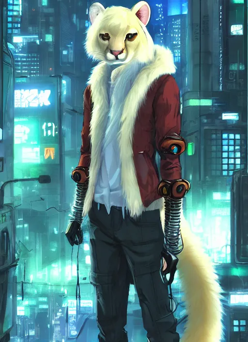 Image similar to character portrait of a male anthro albino mountain lion fursona with a tail and a cute beautiful attractive furry face wearing stylish cyberpunk clothes in a cyberpunk city at night while it rains. hidari, color page, tankoban, 4K, tone mapping, Akihiko Yoshida.