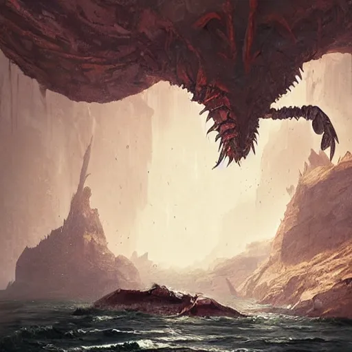 Prompt: a gigantic crustacean monster in a rocky chasm, dramatic fantasy art by greg rutkowski