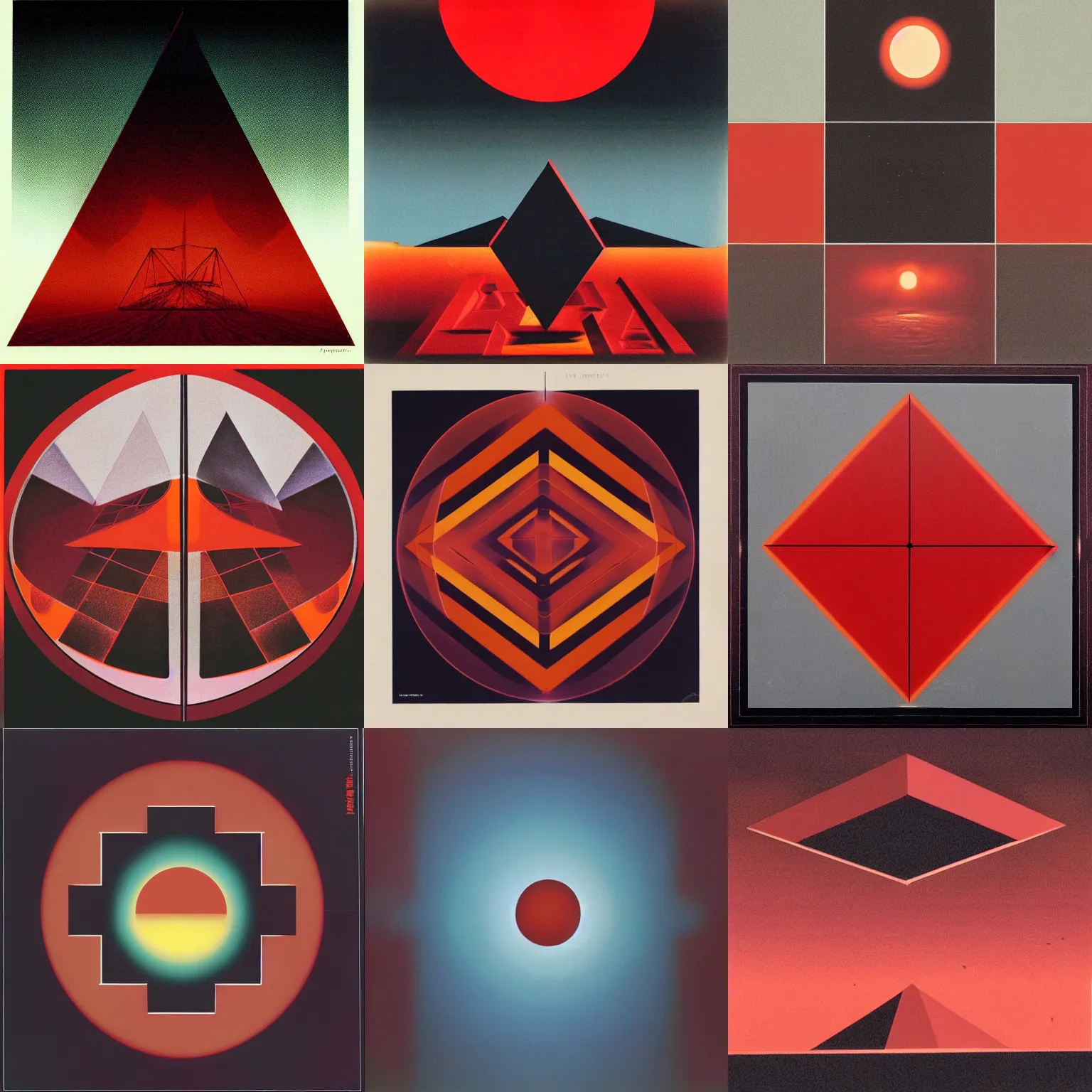 Prompt: Tangerine Dream Album Cover, Dark forbidding, fog, red glow , geometric shapes, 1970s