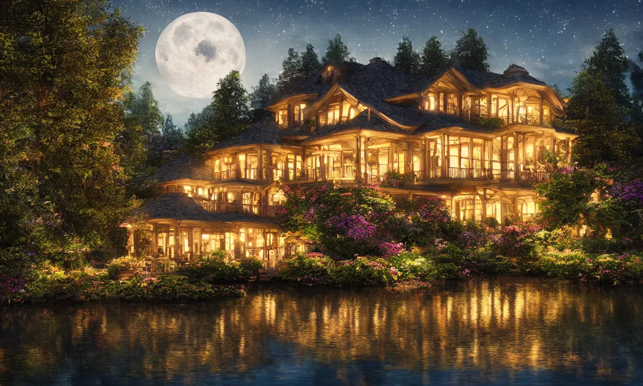 Image similar to a stunning beautiful lake house in the moonlit nightscape, house by the reflective lake in the evening, dreamy, lamps and flowers, beautiful garden, highly detailed, perfect landscape, photorealism, landscape photography, artstation, 4 k
