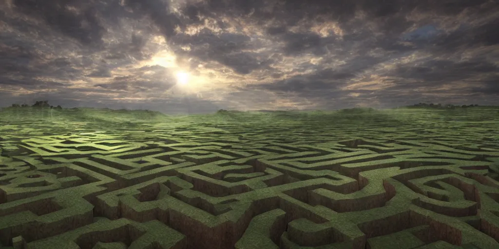 Prompt: the grand landscape of the endless maze, art by kotaro chiba, volumetric lighting, hdr