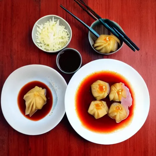 Prompt: delicious dumplings with chili sauce made by hayao miyazaki!!