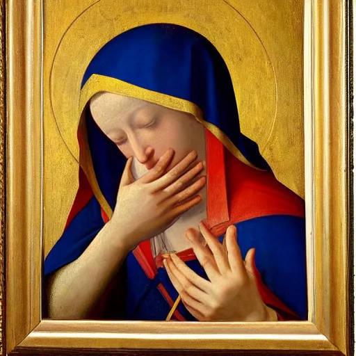 Image similar to original oil painting of mother mary crying tears by alessandro allori fra angelico