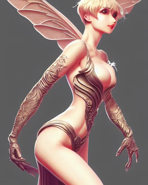 Image similar to 3 / 4 view of woman with wings, confident pose, pixie character, genshin impact, intricate, elegant, sharp focus, illustration, highly detailed, concept art, matte, artgerm, anime, trending on artstation
