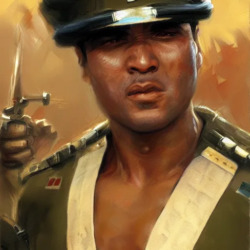 Image similar to Mohammed Ali as a soldier, closeup character art by Donato Giancola, Craig Mullins, digital art, trending on artstation
