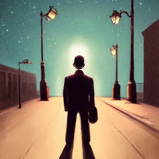 Image similar to a detailed portrait of a lonely man with a skull as his head standing in the street at night, green dramatic and cinematic light from the streetlight, the background is the sky full of stars, in the style of edward hopper, 4 k,