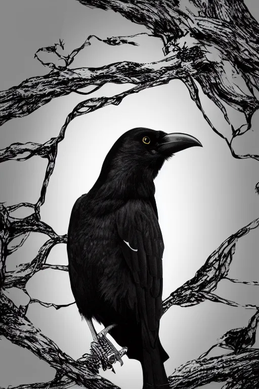 Prompt: close up portrait of a crow on a tree in front of the full big moon, vector graphic, clear lines, intricate, portrait, 8k highly professionally detailed, HDR, CGsociety