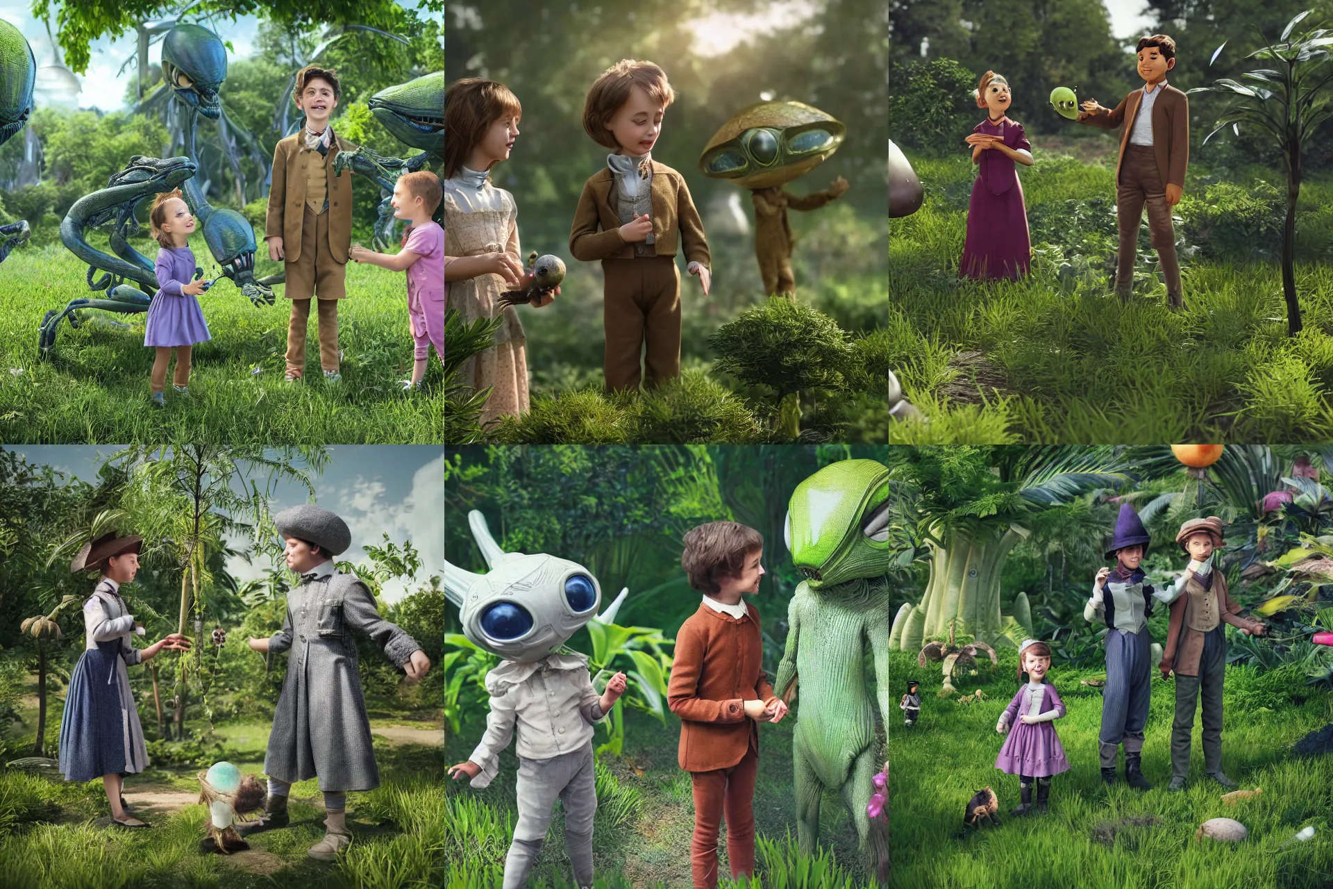 Prompt: a girl and a boy standing next to some alien plants, looking happy, wearing 1860 era clothes, they are playing with their small pet alien creature, in a park on a alien planet, extremely high details, ultra realistic facial details, hyper realistic, ultra detailed, ultra photorealistic raytracing, octane, 8k