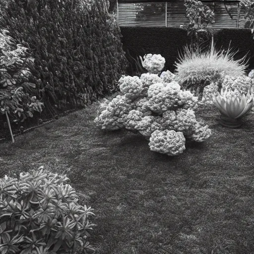 Image similar to a garden themed after david lynch, photography, black and white,