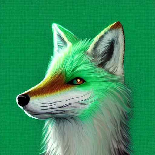 Prompt: digital abundantly green fox, retrowave palette, digital world, highly detailed, electric breeze, anatomically correct green and white vulpine, synth feel, fluffy face, ear floof, flowing fur, super realism, accurate animal imagery, 4 k digital art