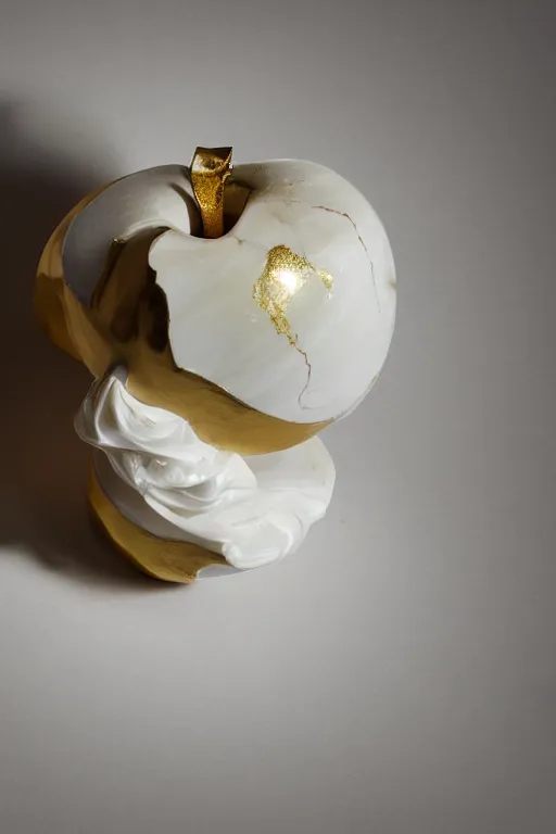 Image similar to Photo of a calacatta marble sculpture of an apple with dripping gold paint, studio lighting, high resolution, award winning.