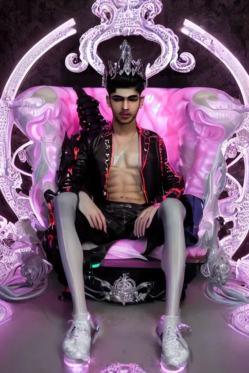 Image similar to full-body rococo and cyberpunk style neon statue of a muscular attractive Zayn Malik macho dotado e rico android sim roupa reclining con las piernas abertas e la piroca dura, glowing white lasers, glowing eyes, silver prince crown, black gears, pink diamonds, swirling orange-colored silk fabric. futuristic elements. ethereal white dripping tar. full-length view. human skulls. large pink balloon animals. intricate artwork by caravaggio. Trending on artstation, octane render, cinematic lighting from the right, hyper realism, octane render, 8k, depth of field, 3D