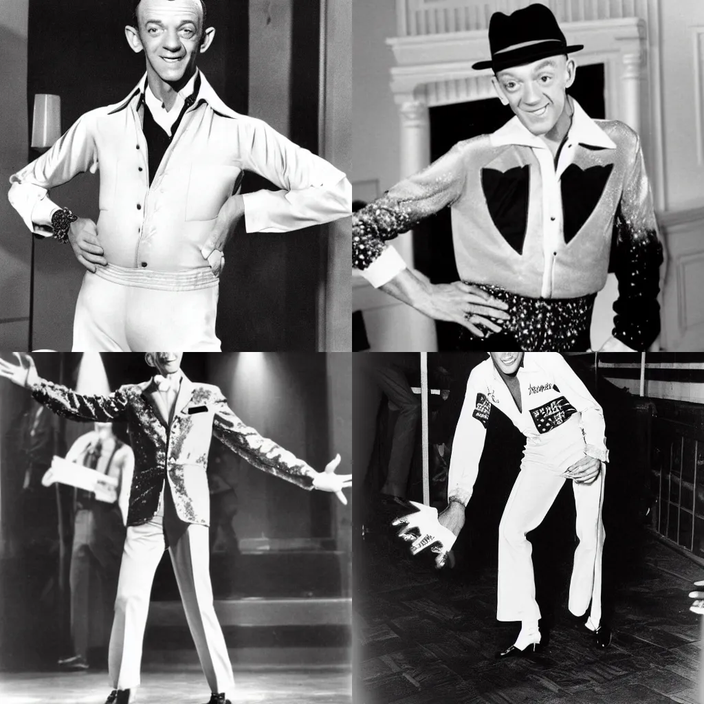 Prompt: Fred Astaire dressed in Elvis's American eagle jumpsuit