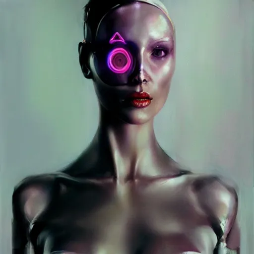 Prompt: cyborg fashion model, hyperrealism matte oil painting, cyberpunk, artstation