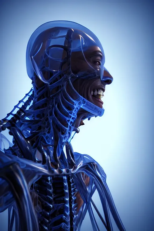 Image similar to hyperrealistic close-up translucent gothic exoskeleton!! smiling chinese man covered highly detailed concept art eric zener elson peter cinematic side soft blue light high angle hd 8k sharp shallow depth of field