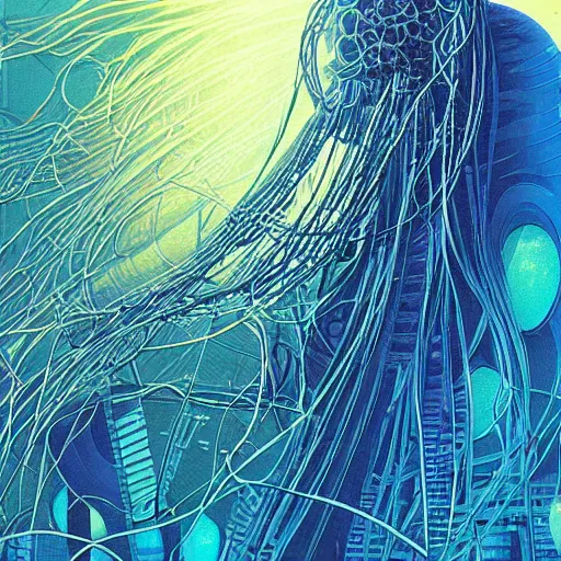 Image similar to a hyper detailed painting of a cyberpunk jellyfish, cables everywhere, blue tones, underwater, futuristic hi-tech details, art by jean giraud