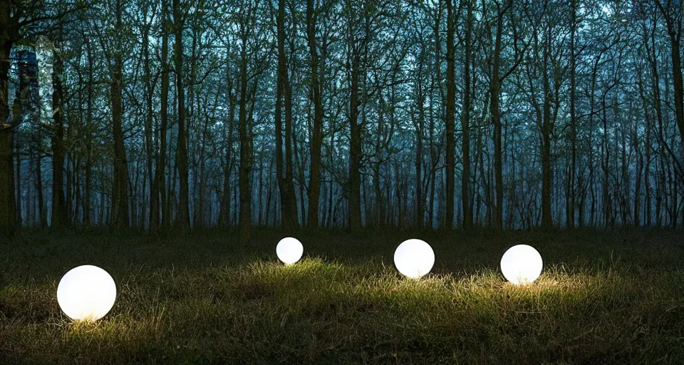 Prompt: softly glowing orbs of ( ( pastel ) ) light floating above the forest floor at twilight, illuminating the surrounding scenery