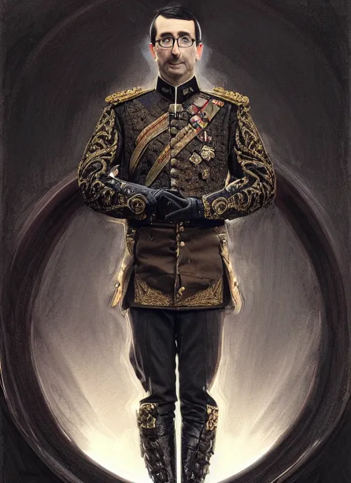 Prompt: portrait of supreme leader john oliver, royalty, extravagant, lord, full body, military uniform, fantasy, intricate, elegant, beautiful, highly detailed, charcoal, centered, dark, smokey, digital painting, artstation, concept art, art by artgerm and greg rutkowski and alphonse mucha