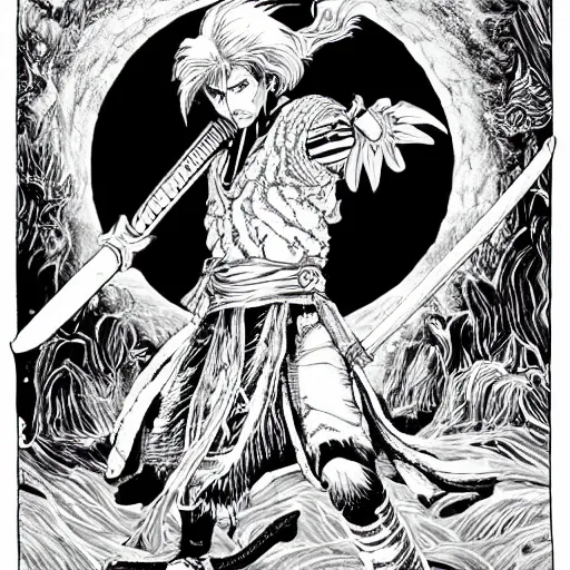 Prompt: black and white pen and ink!!!! rugged royal! nordic goetic Raiden x Frank Zappa golden!!!! Vagabond!!!! floating magic swordsman!!!! glides through a beautiful!!!!!!! battlefield dramatic esoteric!!!!!! pen and ink!!!!! illustrated in high detail!!!!!!!! by Junji Ito and Hiroya Oku!!!!!!!!! graphic novel published on 2049 award winning!!!! full body portrait!!!!! action exposition manga panel black and white Shonen Jump issue by David Lynch and Frank Miller beautiful line art Hirohiko Araki-s 150