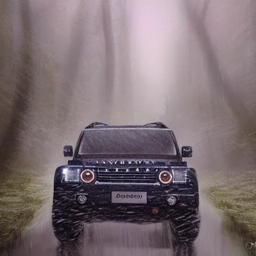 Image similar to a landrover crossing a forest path while its raining, digital art, artstation, photgraphy, highly detailed, digital painting, artstation, concept art, sharp focus, illustration, art by greg rutkowski and artgerm