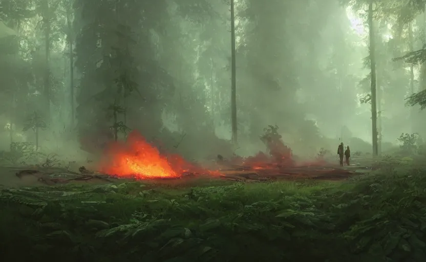 Image similar to one single fighter design spaceship on fire crashed on the ground, on the ground, smoke, smoke, cloudy air, forest, swamp. Atmospheric lighting, overgrowth. By Makoto Shinkai, Stanley Artgerm Lau, WLOP, Rossdraws, James Jean, Andrei Riabovitchev, Marc Simonetti, krenz cushart, Sakimichan, trending on ArtStation, digital art.