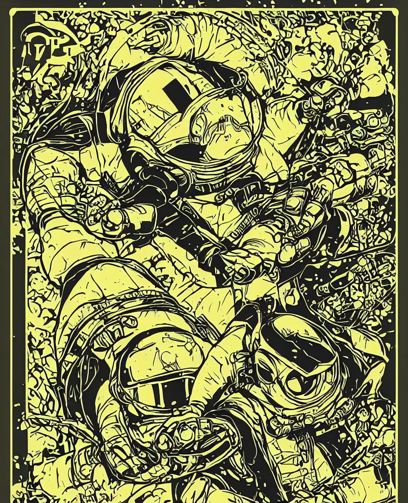 Prompt: turtle ninja astronaut!! on the path to his techno drone spaceship!! art nouveau duotone graphic poster!