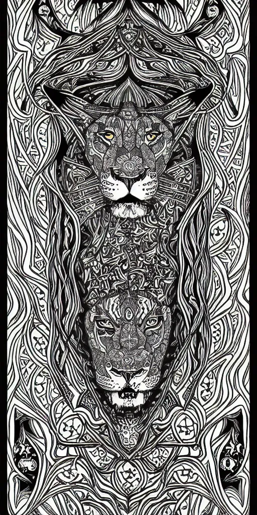 Image similar to a beautiful black and white fractal tarot card featuring bold occult imagery with clean lines. lioness demon. detailed adult coloring book