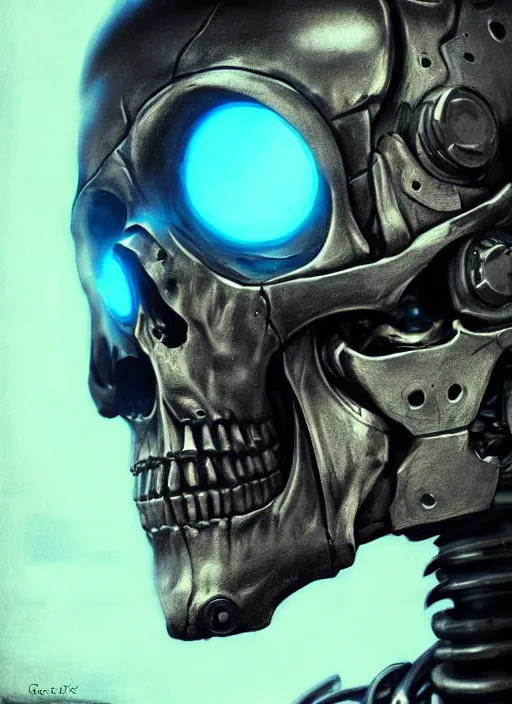 Image similar to 2 8 mm macro photo of metal skull half covered face with cybernetic enhancements as seen from a distance, scifi character portrait by greg rutkowski, canon 5 0 mm, film, photography, esuthio, craig mullins, 1 / 4 headshot, cinematic lighting, dystopian scifi gear, gloomy, profile picture, mechanical, half robot, implants, solarpunk