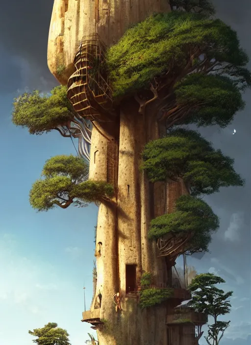 Prompt: a modern treehouse made on the side of a cliff in madagascar, baobab tree, artstation, an epic fantasy, cinematic lighting, hyper realistic, photographic, sharp focus, by greg rutkowski and wolp, shadow of the tomb raider