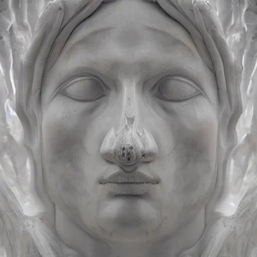 Prompt: realistic digital painting of a stunning intricate cracked white marble falling angel with face of piero angela bernini sculpture, trailing white vapor, mycelium stands and misty xparticles neutral tone background, trending on artstation, hyperrealism, matte painting, subsurface scattering