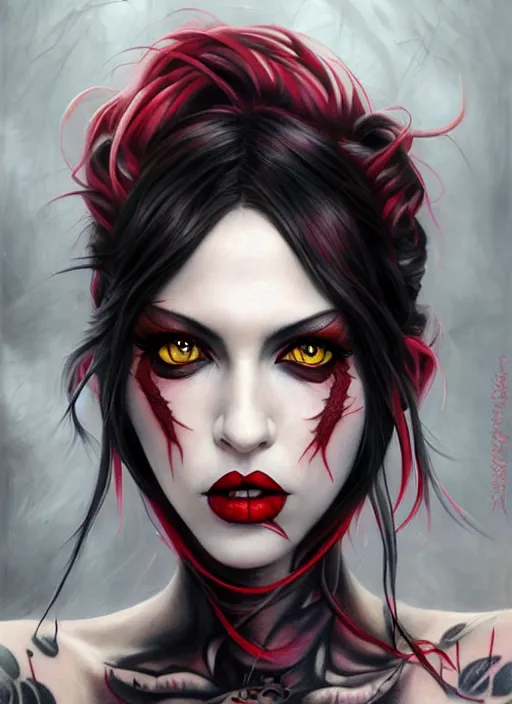 Image similar to cosplay goth female, fishnet, worksafe, light gray eyes, red lips, black hair, body fully covered with tattoos, fishnet clothes, beautiful detailed face, paint by artgerm and magali villeneuve, rich deep colors. wlop painting, part by tian zi and gerhard richter. art by magali villeneuve. masterpiece