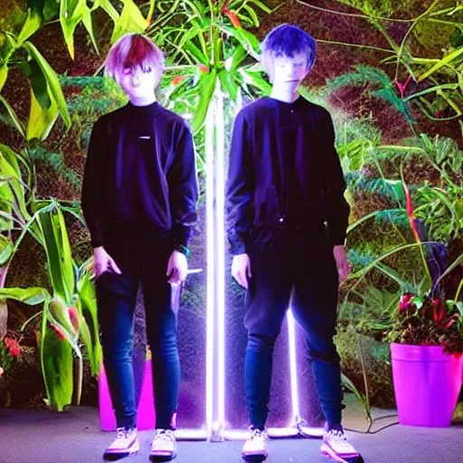 Prompt: very symmetrical fruits magazine steetwear photo of cute cool fashion worn by teens teens in the far future with glowing led lights and surrounded by plants, futuristic!!! haute couture fashion!!!!, nanotechnology and cybernetics!!! and solar power and prosthetic