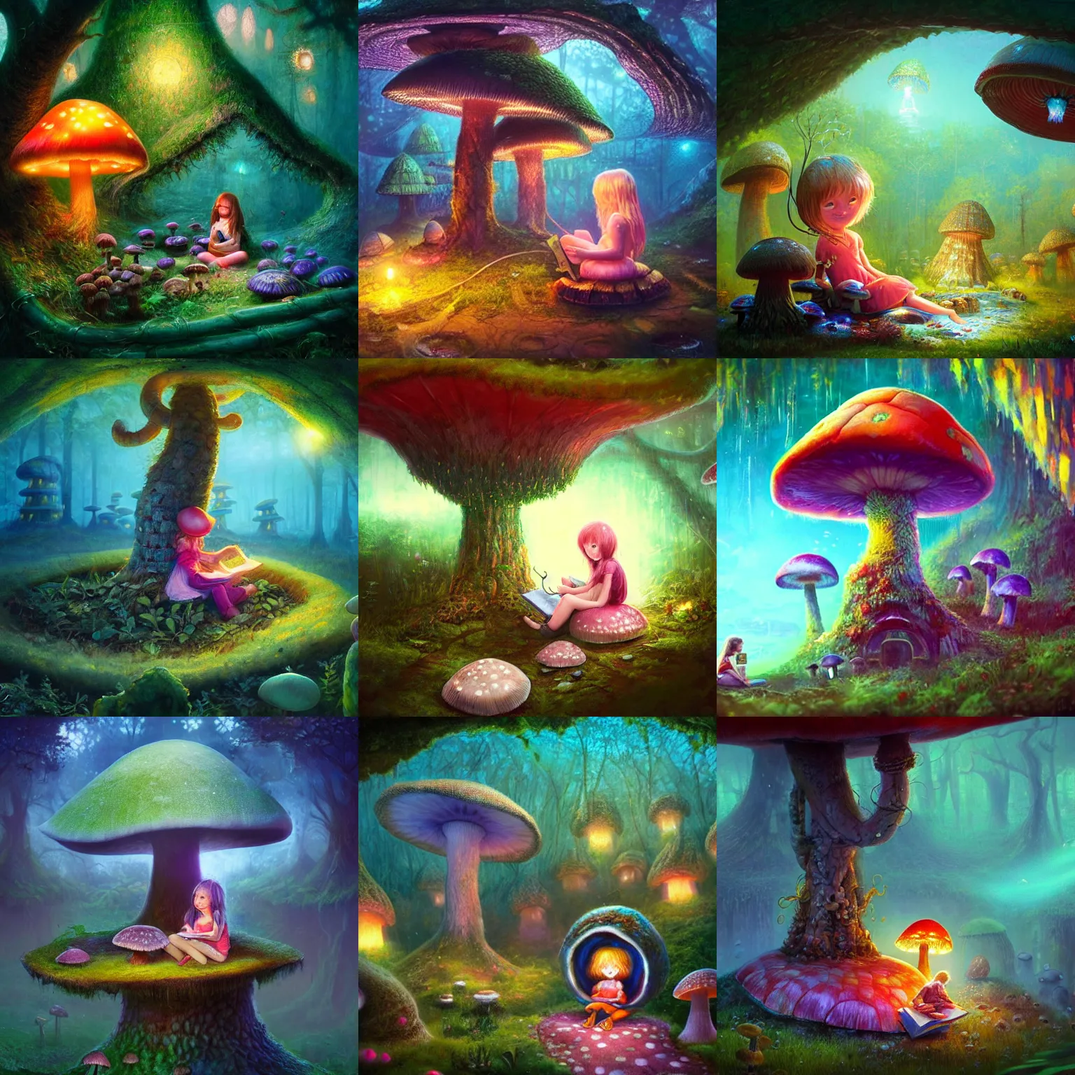 Prompt: ”cute young girl sitting by a mushroom reading a book, giant mushroom houses in a mysterious fantasy forest, [bioluminescense, rope bridges, art by wlop and paul lehr, cinematic, colorful]”