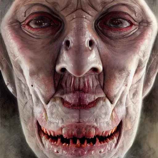 Image similar to a portrait of margarita simonyan, flesh eating worms, macabre, horror saw teeth, horror rotten teeth, peeling face skin, by donato giancola and greg rutkowski and wayne barlow and zdzisław beksinski, realistic face, visible face, digital art, artstation, symmetry