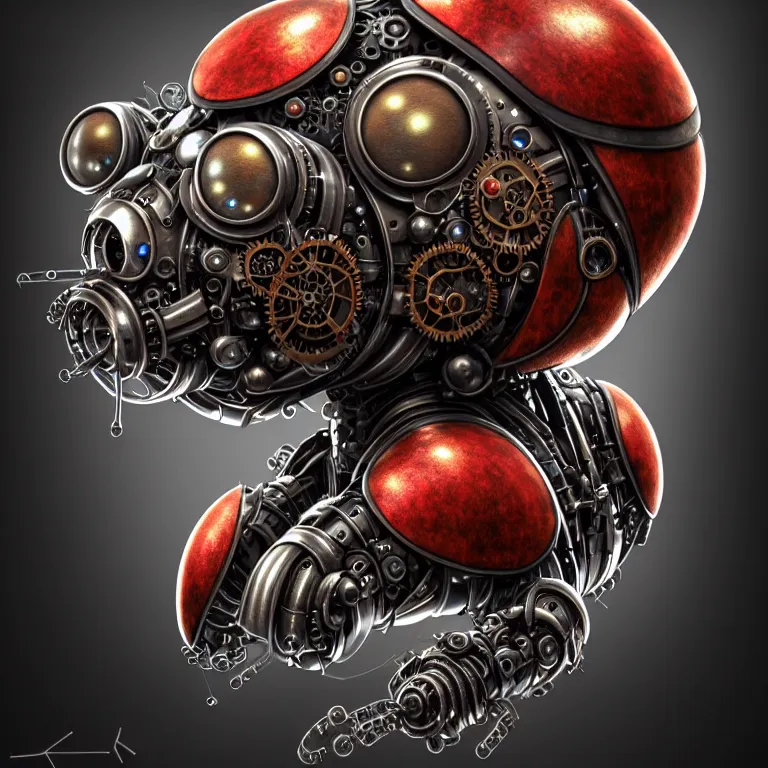 Image similar to steampunk cybernetic biomechanical ladybug, very coherent symmetrical artwork, 3 d model, unreal engine realistic render, 8 k, micro detail, intricate, elegant, highly detailed, centered, digital painting, artstation, smooth, sharp focus, illustration, artgerm, tomasz alen kopera, wlop