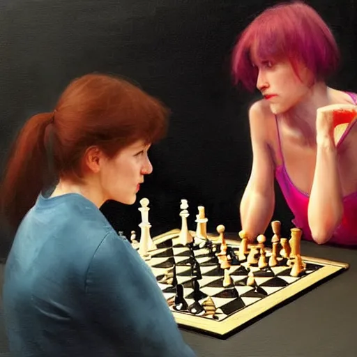 Prompt: 3 0 - year - old actress megan mccarthy playing chess against 3 0 - year - old actress nana visitor at world chess championship 1 9 8 4, digital art by ruan jia and mandy jurgens and artgerm, highly detailed, trending on artstation, award winning